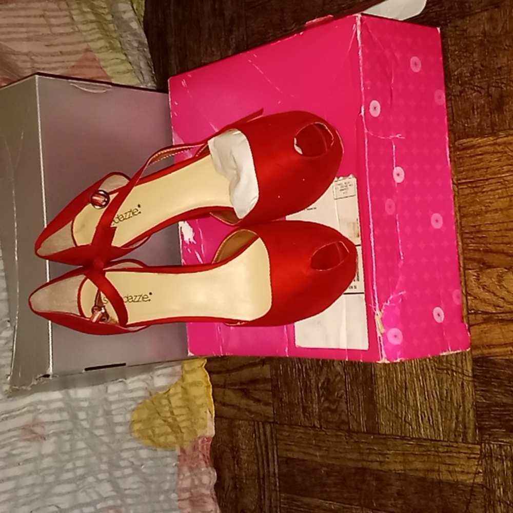 Red faux suede shoes